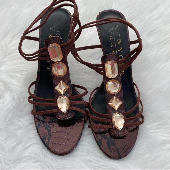 New York transit brown jeweled heels straps 6.5 - Picture 1 of 5